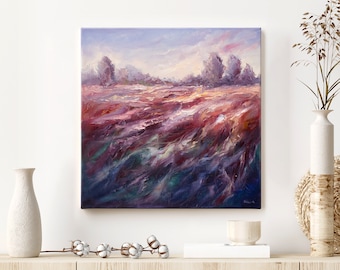 Swirling Horizon Oil Painting, Handpainted Abstract Landscape Wall Art, Original Textured Artwork, Impasto Nature Decor, Red Meadow Hanging