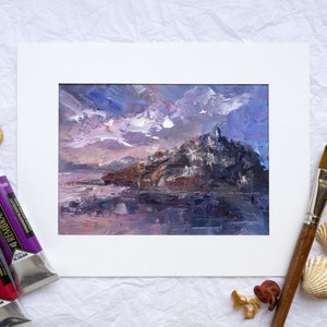 Dipinto ad olio di paesaggio urbano al tramonto, decorazione murale costiera mediterranea dipinta a mano, piccolo paesaggio marino originale, immagine di paesaggio marino con nuvole rosa