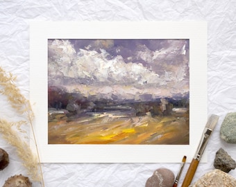 Pintura al óleo campestre pintada a mano, pequeña obra de arte de naturaleza con textura, decoración de pared de paisaje original, cuadro de escena rural con nubes y campo con técnica de impasto