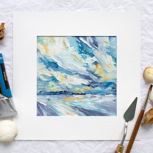 Abstract Seascape Palette Knife Oil Painting, Small Landscape Impasto Artwork, Textured Ocean Horizon Hanging, Square Coastal Wall Decor