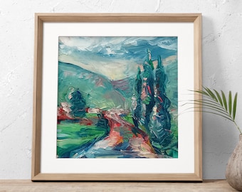 Abstract Palette Knife Landscape Oil Painting, Original Handpainted Impasto Artwork, Textured Square Nature Scene Decor, Small Colorful Gift