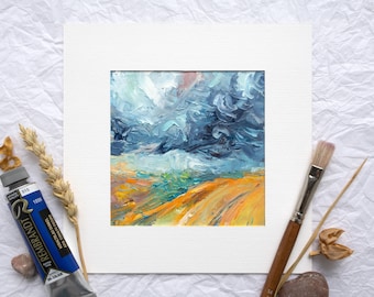Abstract Textured Landscape, Small Colorful Impasto Oil Painting, Orange Field Blue Cloud Palette Knife Artwork, Handpainted Wall Decor