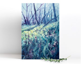 Pintura al óleo de paisaje primaveral, obra de arte original pintada a mano, flores silvestres con textura empastada, escena de naturaleza impresionista moderna, flores y árboles.