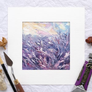 Dipinto a olio di fiori selvatici in pasta impastata, decorazione da parete rosa e viola testurizzata, opera d'arte floreale astratta, regalo con scena naturale dipinta a mano, arte con spatola