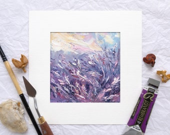 Empâtement peinture à l'huile de fleurs sauvages, oeuvre d'art florale abstraite, décoration murale texturée rose violet, cadeau scène de la nature peinte à la main, art de couteau à palette