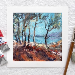 Coastal Trees Acrylic Painting, Textured Mediterranean Artwork, Rustic Impression Wall Decor, Handpainted Nature Scene, Original Hanging