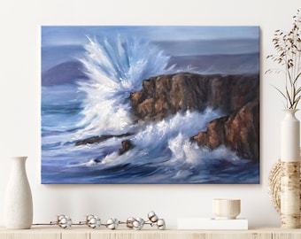 Pintura al óleo de olas rompiendo sobre rocas, paisaje marino tormentoso original sobre lienzo, decoración de pared de paisaje pintado a mano, salpicaduras costeras del océano, elementos