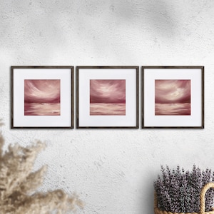 Set di 3 dipinti a olio, paesaggio marino astratto, opera d'arte di paesaggio costiero, scenario marino quadrato, decorazione da parete bordeaux da 3 pezzi con nuvole e mare
