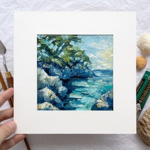 Skopelos Grecia Impasto pittura a olio, decorazione della parete costiera mediterranea, tavolozza coltello paesaggio marino opera d'arte strutturata, arte del paesaggio dipinto a mano