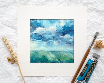 Pequeño cuadro al óleo con textura de paisaje, obra abstracta con espátula, paisaje natural pintado a mano, antes de la lluvia de primavera, azul verdoso para colgar