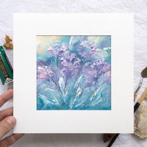 Dipinto ad olio floreale strutturato astratto, piccola opera d'arte impasto, decorazione con spatola quadrata, fiori di menta rosa appesi, quadro dipinto a mano