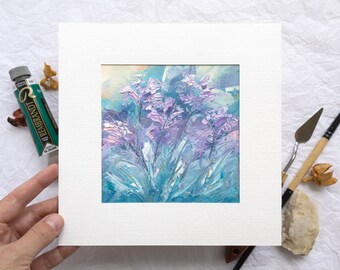 Pintura al óleo floral abstracta con textura, flores colgantes de menta rosa, pequeña obra de arte empastada, decoración con espátula cuadrada, cuadro pintado a mano.