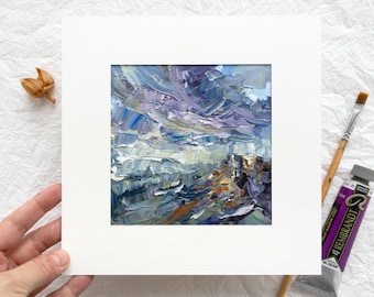 Pintura al óleo abstracta con textura de paisaje, pequeña obra de arte con técnica de empaste, decoración de pared cuadrada con espátula, decoración moderna y expresiva para colgar.