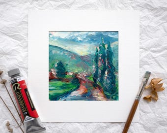 Pintura al óleo abstracta "Camino de ladrillos rojos", obra de arte original pintada a mano con técnica impasto, decoración de paisaje cuadrado texturizado, pequeño regalo colorido.