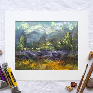 Paesaggio astratto dipinto a mano, piccola opera d'arte naturalistica strutturata, dipinto a olio originale con scena di campagna, decorazione murale con nuvole di campo in impasto