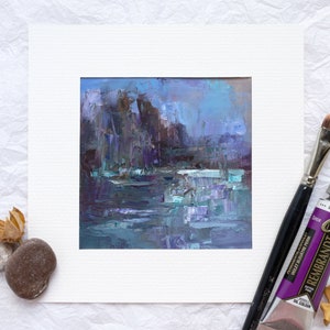 Piccola pittura astratta a olio con spatola, paesaggio con riflessi impasto, opera d'arte con texture quadrata, decorazione da parete moderna con natura impressionista