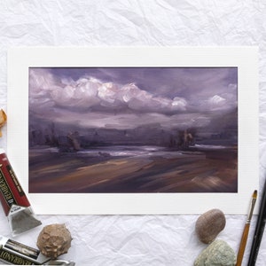 Dipinto ad olio con paesaggio lacustre, opera d'arte con scena naturale viola, piccola decorazione murale dipinta a mano al tramonto, nuvole all'orizzonte al crepuscolo, galleria appesa