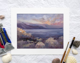 Coastal Sunset Oil Painting, Handpainted Seascape Wall Art, Sunset Bay Rocks Wall Decor,  Mediterranean Shores Original Artwork, Purple Sea
