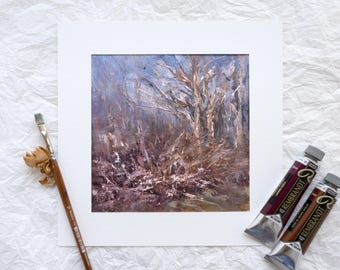 Pintura al óleo de naturaleza invernal, obra de arte pintada a mano, paisaje con textura de empaste, escena rural campestre, decoración rústica de pared, arte impresionista.