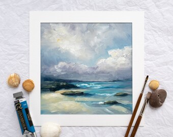 Caribbean Seascape With Clouds Oil Painting, Ocean Waves Square Wall Decor, Sandy Beach Artwork In Mat, Original Handpainted Coastal Picture