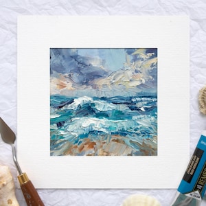 Dipinto ad olio con paesaggio di spiaggia Impasto, paesaggio marino hawaiano con nuvole, opera d'arte con onde costiere realizzata con spatola strutturata, decorazione astratta con orizzonte oceanico