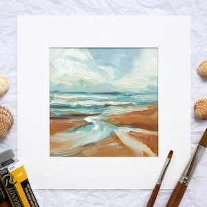 Dipinto ad olio sulla spiaggia in Australia, arte murale nei toni della terra, paesaggio costiero dipinto a mano, opera d'arte astratta strutturata, piccola decorazione con spatola