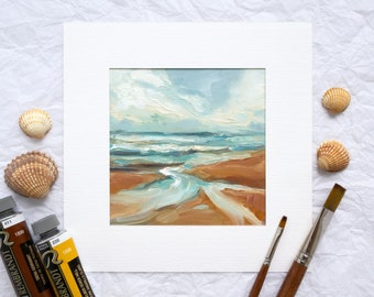 Pintura al óleo de una playa australiana, arte mural en tonos tierra, paisaje costero pintado a mano, decoración con espátula pequeña, obra de arte abstracta con textura.