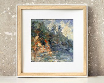 Pintura al óleo abstracta de paisaje costero, escena natural impresionista, obra de arte original, arte mural de empasto pintado a mano, decoración cuadrada pequeña para el hogar.