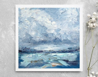 Abstract Seascape Art Print With Clouds, Giclée Print Of Impasto Palette Knife Oil Painting, Blue Coastal Artwork, Ocean Horizon Wall Decor