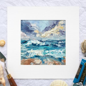 Pittura a olio del paesaggio della spiaggia di Impasto, paesaggio marino delle Hawaii con nuvole, opera d'arte delle onde costiere con spatola strutturata, arredamento astratto dell'orizzonte dell'oceano