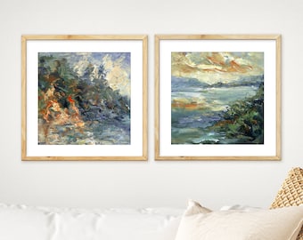 Set Of Two Abstract Seascape Art Prints, Giclée Print Of 2 Piece Textured Oil Paintings, Pair Of Sea Landscapes, Set Of 2 Gallery Wall Decor