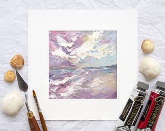Pintura al óleo abstracta de paisaje marino en tonos rosa empolvado, obra de arte costera con técnica de impasto y espátula, cuadro de playa al atardecer, decoración de pared con textura de horizonte oceánico.