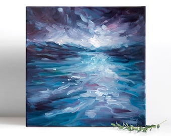 Pintura acrílica abstracta de paisaje marino sobre lienzo, decoración de pared azul, obra de arte de horizonte con reflejos, soledad reflectante original pintada a mano.