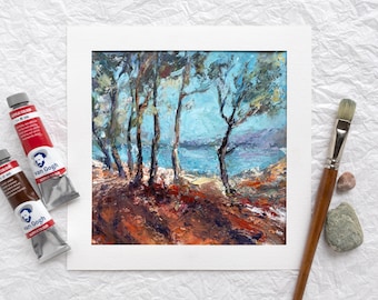 Peinture acrylique d'arbres côtiers, oeuvre d'art méditerranéenne texturée, décoration murale impression rustique, scène de la nature peinte à la main, suspension originale