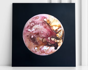 Minimalist Metallic Planet Painting, Textured Abstract Art, Handpainted Astronomy Gift,  Interstellar Wall Decor, Bronze Pink Space Artwork