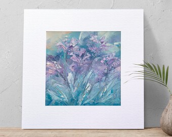 Pintura al óleo floral abstracta con técnica de empaste, flores de menta rosa colgantes, arte pintado a mano, pequeña obra de arte texturizada, decoración de pared cuadrada con espátula.