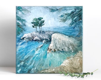 Skopelos, Grecia. Pintura al óleo original, obra de arte mediterránea pintada a mano, paisaje marino texturizado, decoración de pared costera con técnica de impasto y espátula.