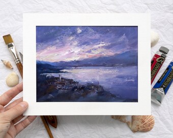 Pintura al óleo panorámica de paisaje marino al atardecer, arte mural costero pintado a mano, decoración de pared con nubes rosadas en la bahía, obra de arte original de costas mediterráneas