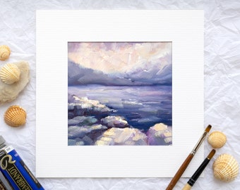 Violet Sunset Seascape Oil Painting, Impressionist Beach Rocks Artwork, Impasto Mediterranean Coastal Landscape, Purple Textured Wall Decor