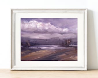 Purple Landscape Art Print, Giclée Print Of Lakeside Oil Painting, Nature Scene Wall Decor, Handpainted Dusk Horizon Hanging, Nature Picture