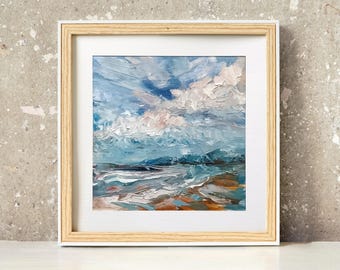 Abstract Beach Scene Oil Painting, Handpainted Coastal Landscape, Textured Impasto Ocean And Clouds Artwork, Seascape At Sunset Wall Decor