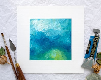 Pintura al óleo abstracta con técnica de empaste, pequeña obra de arte cuadrada pintada a mano, decoración de pared impresionista moderna con espátula, cuadro de naturaleza texturizado.