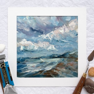 Paesaggio marino al tramonto dipinto ad olio, oceano di impasto strutturato e opere d'arte con nuvole, paesaggio costiero dipinto a mano, decorazione murale con scena di spiaggia astratta