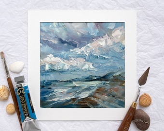 Pintura al óleo de paisaje marino al atardecer, decoración de pared con escena de playa abstracta, paisaje costero pintado a mano, obra de arte con textura de océano y nubes.