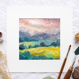 Dipinto ad olio astratto con texture di paesaggio su tappetino, piccola opera d'arte impasto, decorazione da parete con spatola quadrata, moderna natura colorata appesa