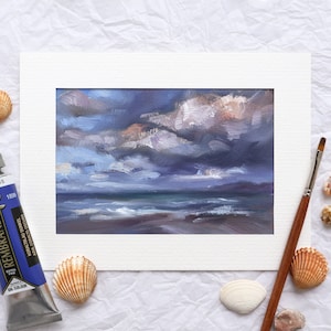 Dipinto ad olio con nuvole costiere, decorazione da parete con vista sul mare dipinta a mano, paesaggio originale di una piccola spiaggia, immagine dell'orizzonte dell'oceano, piccole opere d'arte appese