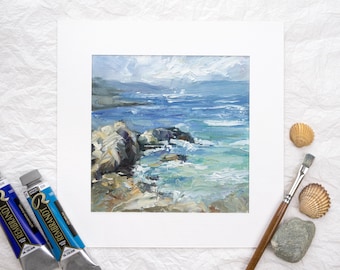 Pintura al óleo de playa mediterránea, arte mural de paisaje costero pintado a mano, mar cristalino, decoración con empaste de olas rocosas
