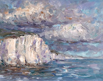 Pintura al óleo sobre lienzo de Dover, decoración de pared inglesa pintada a mano, obra de acantilados blancos, costa británica impresionista, paisaje británico empastelado