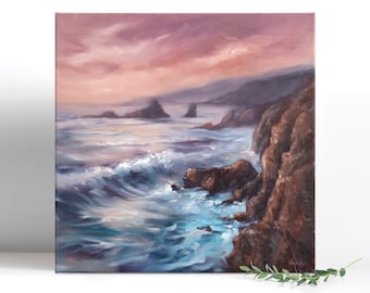 Big Sur Sunset Oil Painting, California Rocks Seascape, Handpainted Ocean Horizon, Original Landscape, Modern Impressionist Coastal Artwork