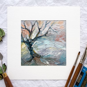 Dipinto ad olio piccolo "Impasto Tree", opera d'arte astratta fantasy dipinta a mano, decorazione da parete originale con spatola, piccola natura strutturata appesa